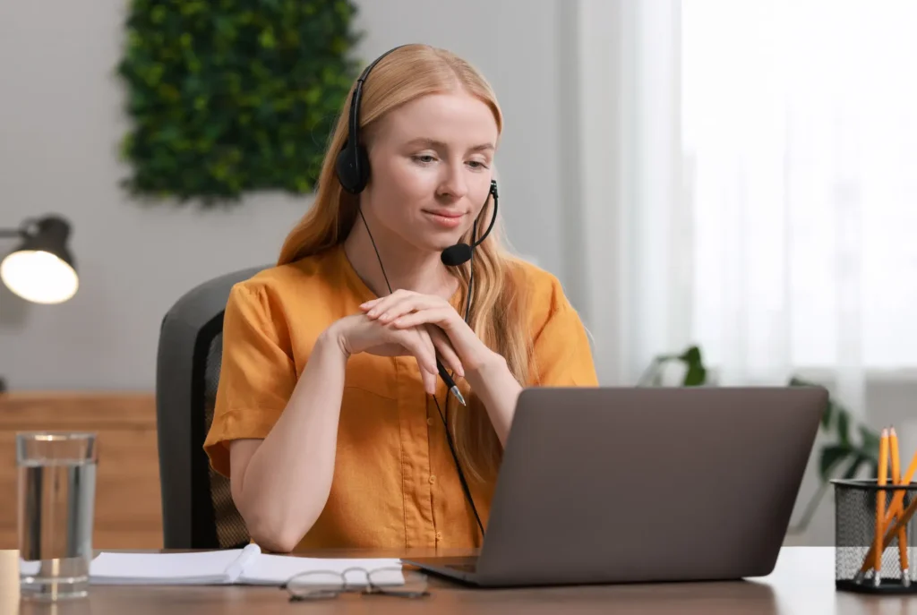 Professional interpreter providing remote interpretation via video call